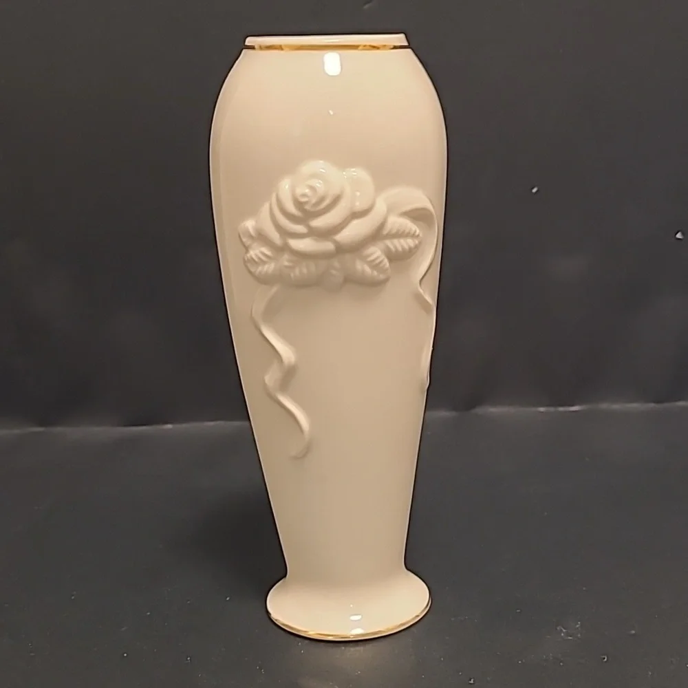 Lenox Embossed Rose Bud Vase with Gold Trim
